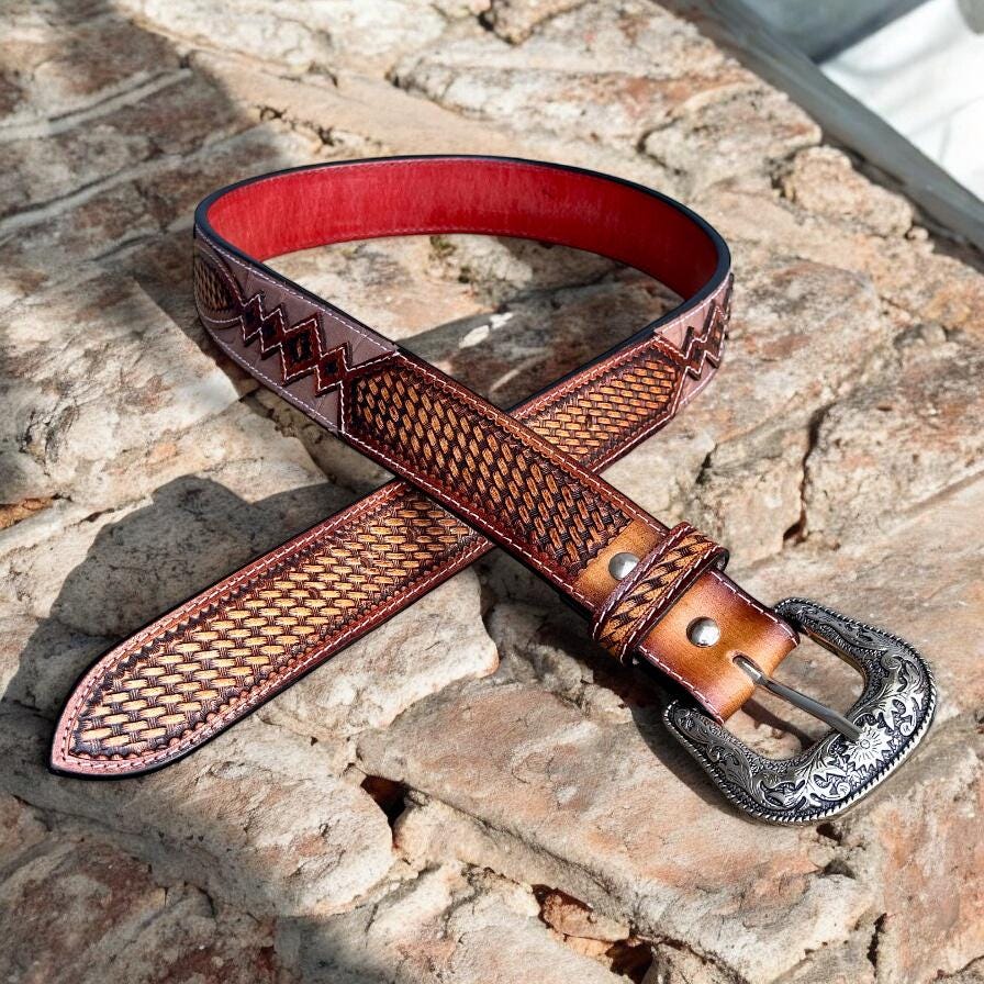 Western Tooled Leather Belt Floral Engraved Leather Belt  display picture 3
