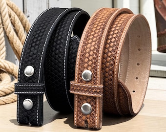 Full Grain Leather Snap-On Belt, Tooled Western Floral Engraved Leather Belt 100% Genuine Full Grain Cowhide with Snaps 1-1/2" WIDE