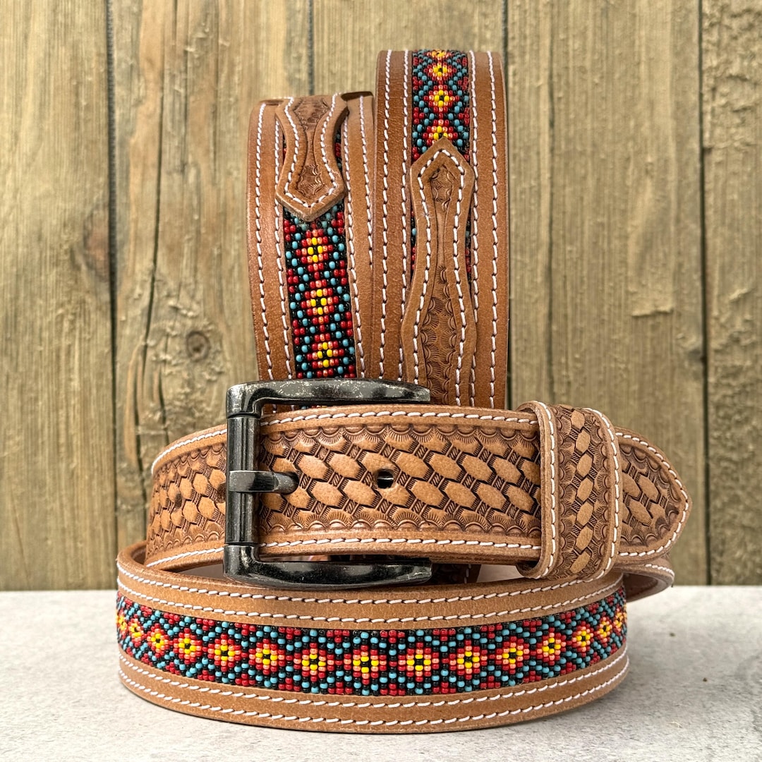 6859 Western Tooled Leather Beaded Belt For Men And Women Western Leather Beaded Belt - Etsy main image 3