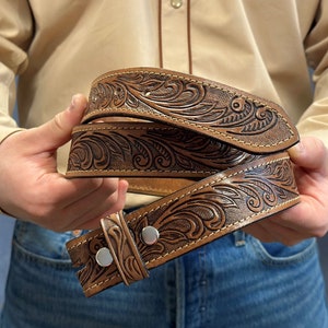 Tooled Western Floral Engraved Leather Belt 100% Genuine Full Grain Cowhide with Snaps 1-1/2 WIDE Leather Snap-On Belt image 3