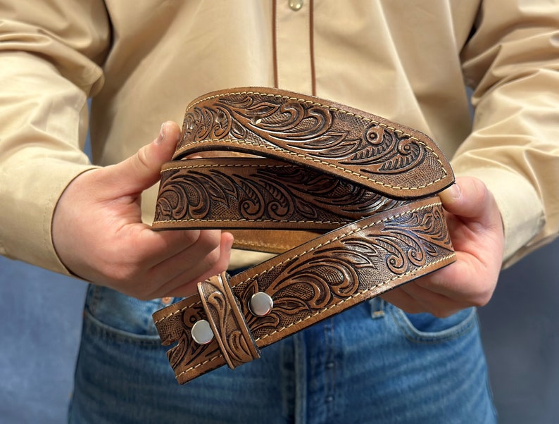 Tooled Western Floral Engraved Leather Belt 100% Genuine Full Grain Cowhide with Snaps 1-1/2 WIDE Leather Snap-On Belt image 3