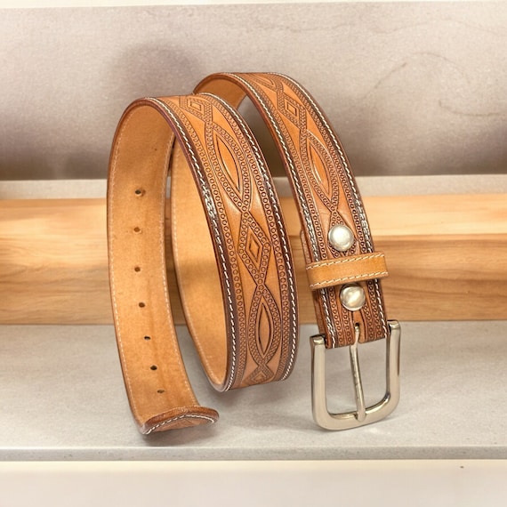 Western Tooled Engraved Leather Belt with Buckle Full Grain Cowhide Snap-On System 1-1/2" Wide Leather Cowboy Belt Rodeo