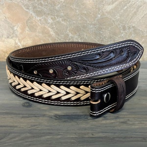 Tooled Western Floral Engraved Leather Belt 100% Genuine Full Grain Cowhide with Snaps 1-1/2" WIDE Leather Snap-On Belt