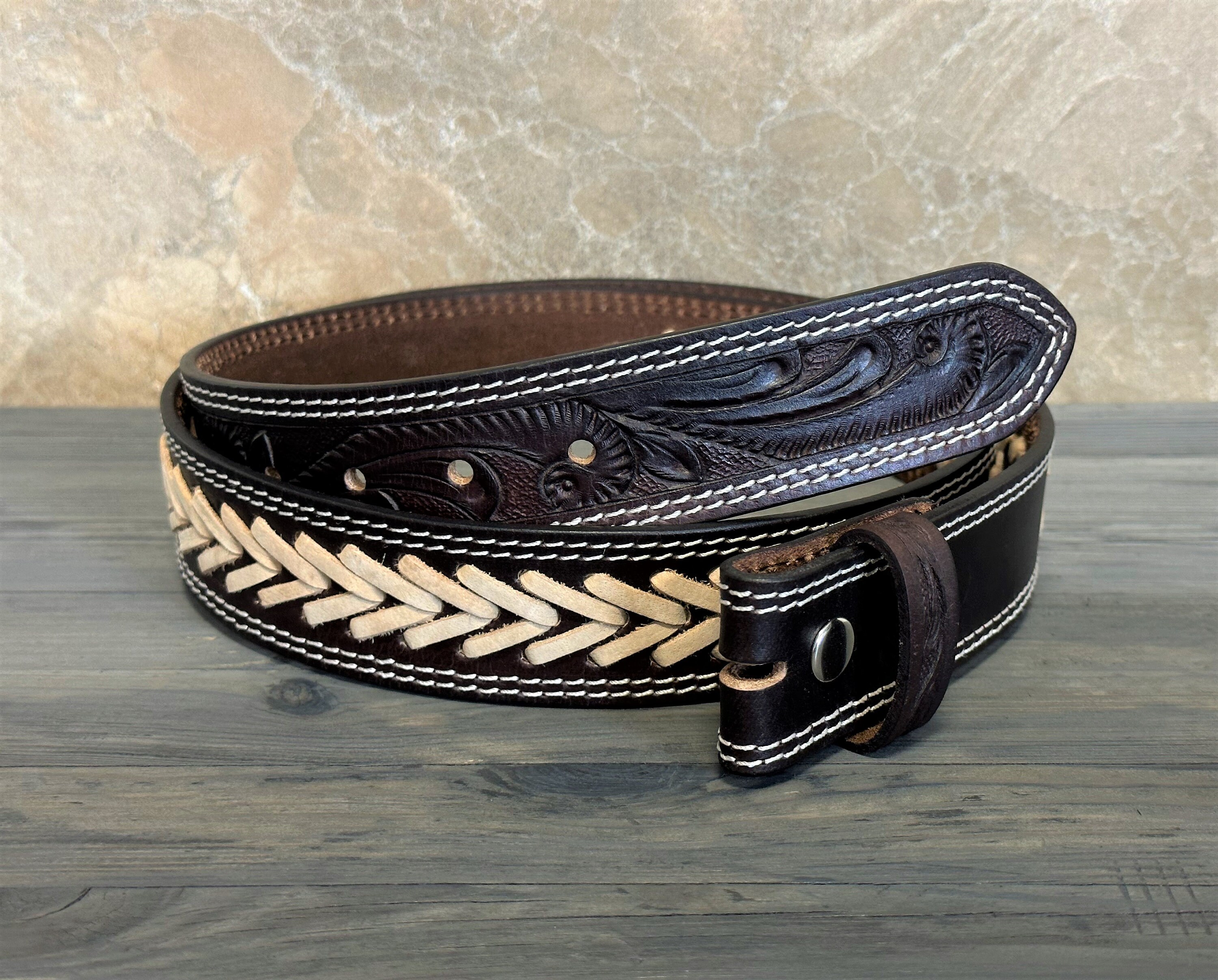 Western Tooled Leather Belt Strap - Full Grain, Floral Engraved, 1.5" Wide W/ Snaps For Interchangeable Buckles - Black, Size 32