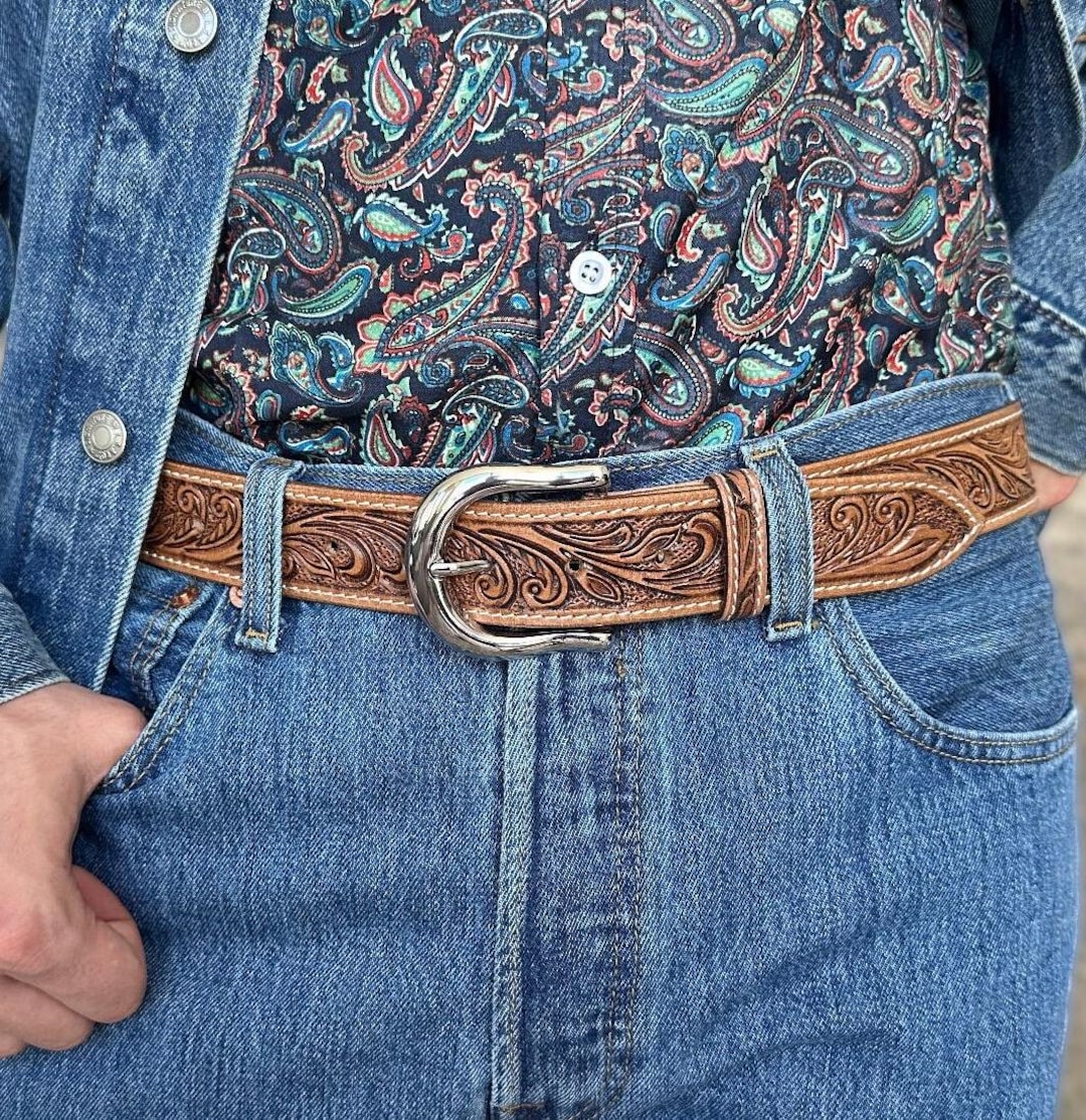 Cintura Uomo Donna Western Larga 1-1/2" In Pelle Pieno Fiore - Foto 3