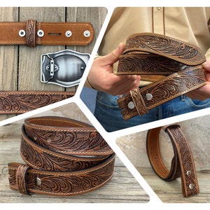 Tooled Western Floral Engraved Leather Belt 100% Genuine Full Grain Cowhide with Snaps 1-1/2 WIDE Leather Snap-On Belt image 8