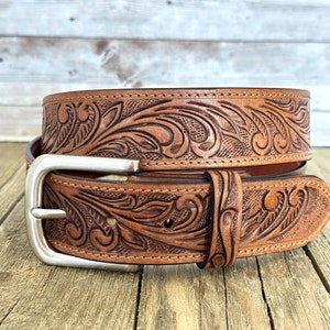 Tooled Western Floral Engraved Leather Belt 100% Genuine Full Grain Cowhide with Snaps 1-1/2 WIDE Leather Snap-On Belt image 10