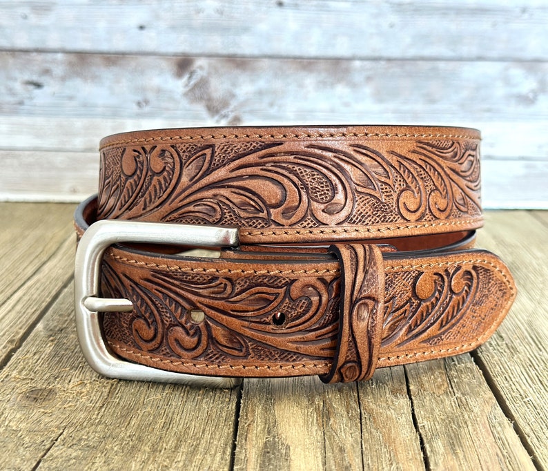 Tooled Western Floral Engraved Leather Belt 100% Genuine Full Grain Cowhide with Snaps 1-1/2 WIDE Leather Snap-On Belt image 10