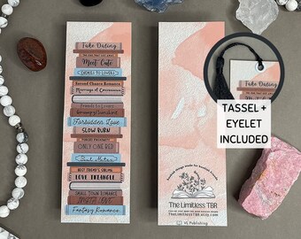 Romance Book Tropes Bookmark / BookTok Bookmark hecho a mano / Cartulina / Marcador laminado / Regalo para los amantes de los libros / Rosa