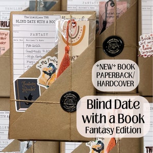 May include: A brown paper-wrapped book package labeled "Blind Date with a Book Fantasy Edition." Includes a bookmark with a tassel, stickers, and a wax seal. The package contains a new paperback or hardcover book.