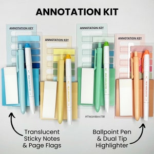 May include: A set of translucent sticky notes and page flags in various colors, along with dual-tip highlighters in blue, green, yellow, and orange. The highlighters have the text "Mild Highlighter" printed on them. The image includes the text "Annotation Kit" and "Annotation Key".