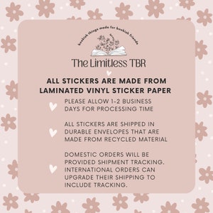 Op de afbeelding: Een roze en witte afbeelding met de tekst "The Limitless TBR" en de tekst "Alle stickers zijn gemaakt van gelamineerd vinyl stickerpapier". De afbeelding bevat ook informatie over de verwerkingstijd, verzending en tracking.