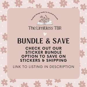 Op de afbeelding: Een roze en witte afbeelding met een boekillustratie en de tekst "The Limitless TBR" en "Bundle & Save". De tekst "Check out our sticker bundle option to save on stickers & shipping" en "Link to listing in description" is ook inbegrepen.