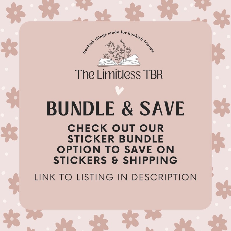 Op de afbeelding: Een roze en witte afbeelding met een boekillustratie en de tekst "The Limitless TBR" en "Bundle & Save". De tekst "Check out our sticker bundle option to save on stickers & shipping" en "Link to listing in description" is ook inbegrepen.