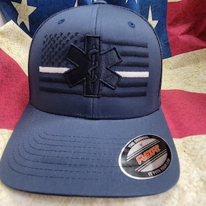 EMS, White Line flag, Star of Life with Flag embroidery Cap, Monochromatic Flag and Trucker Cap, Personalized EMT Caps, Work Hats, USA Flag