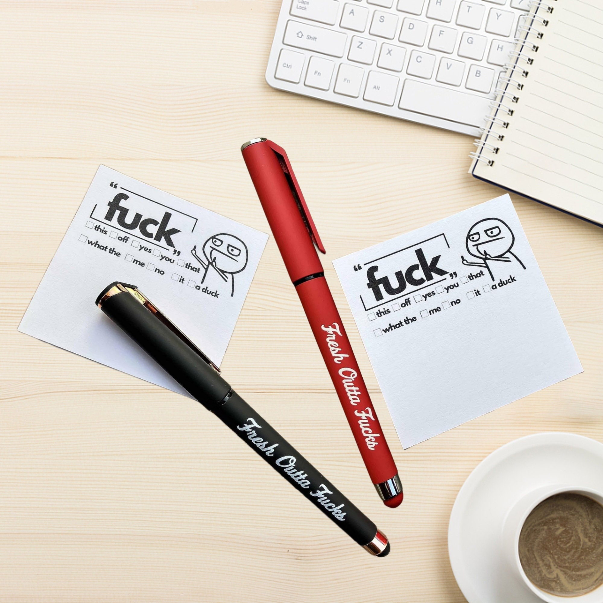 Fresh Outta Fucks Pad and Pen, Fresh Out of Fcks Pen Set, Black Post It  Notes, Snarky Novelty Office Supplies (Red)