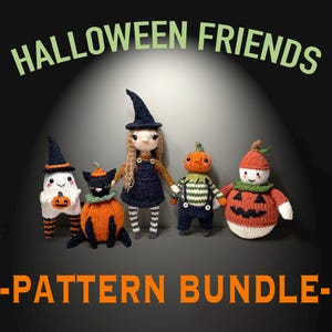 May include: A set of five knitted Halloween character amigurumi patterns. The characters include a witch, a ghost, a black cat, a pumpkin, and a snowman. The patterns are available as a bundle. "Halloween Friends - Pattern Bundle"