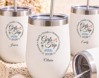 Vaso de vino personalizado para viajes de chicas, vasos de acero inoxidable con aislamiento térmico, accesorio de playa, regalo para despedida de soltera, viaje personalizado.