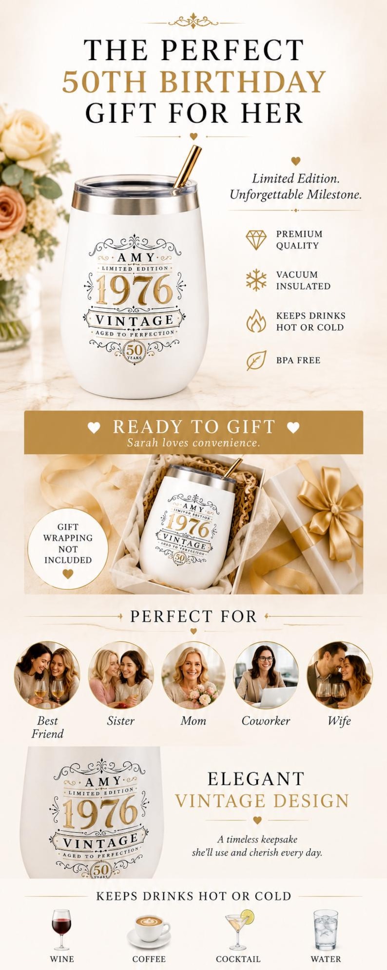Personalized 50th Birthday Wine Tumbler Custom Birthday Gift for Women Vintage Aged to Perfection Cup 50th Birthday Milestone Gift for Her image 18