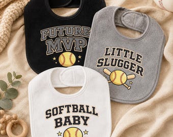 Babero de softbol para bebé, babero Futuro MVP, babero Pequeño Bateador, regalo deportivo para baby shower, babero de felpa neutra para recién nacidos