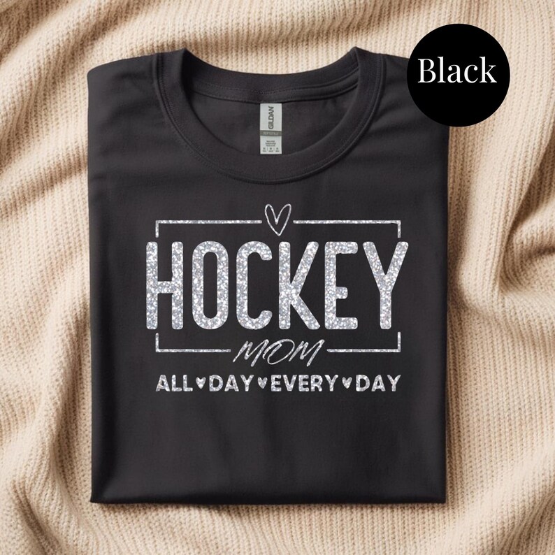 Comfortable Cotton Tee Hockey Mom Shirt Glitter Vinyl Design Premium Material Soft Fabric Construction Game Day Essential Practice Session Outfit Rink Side Wear Ice Hockey Support Team Spirit Apparel Proud Hockey Parent Gift Perfect Present