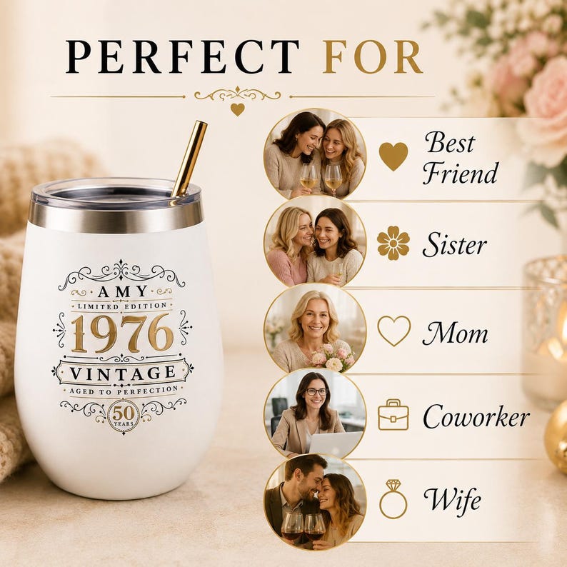 Personalized 50th Birthday Wine Tumbler Custom Birthday Gift for Women Vintage Aged to Perfection Cup 50th Birthday Milestone Gift for Her image 10