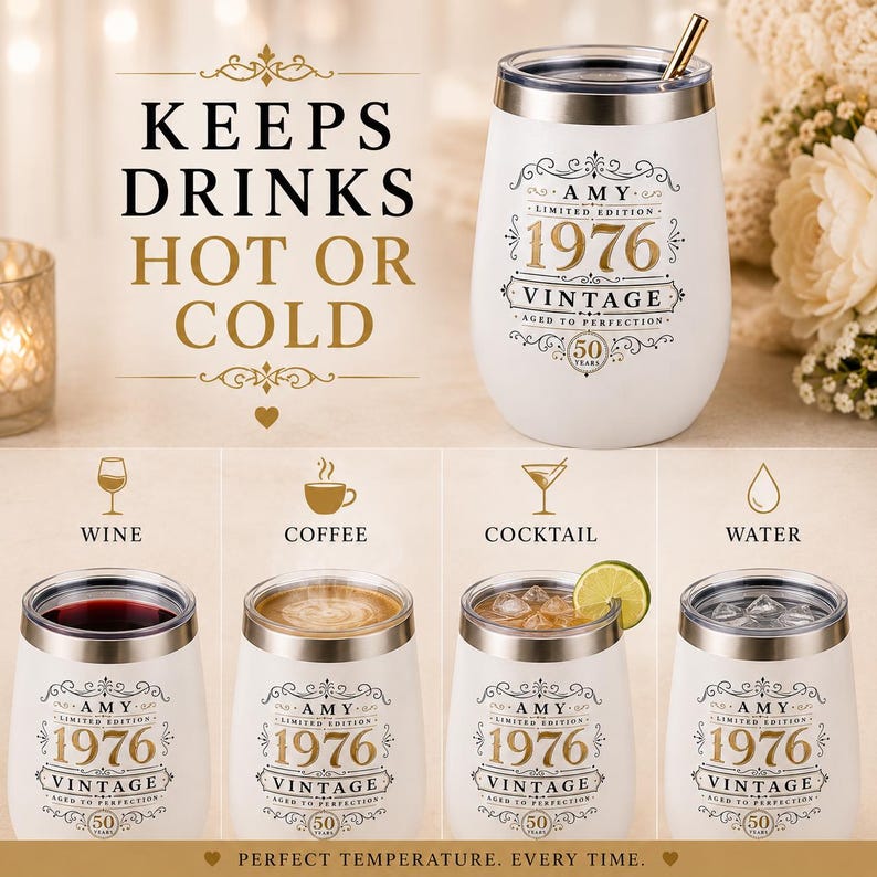 Personalized 50th Birthday Wine Tumbler Custom Birthday Gift for Women Vintage Aged to Perfection Cup 50th Birthday Milestone Gift for Her image 12