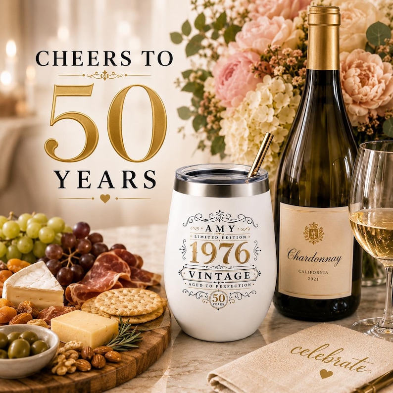 Personalized 50th Birthday Wine Tumbler Custom Birthday Gift for Women Vintage Aged to Perfection Cup 50th Birthday Milestone Gift for Her image 8