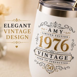 50th Birthday Gift Women Milestone Celebration Personalized Wine Tumbler Custom Aged To Perfection Vintage Design Engraved Name Birth Year Insulated Drinkware Cup Girls Trip Vacation Beverage Holder Commemorative Turning Fifty Present