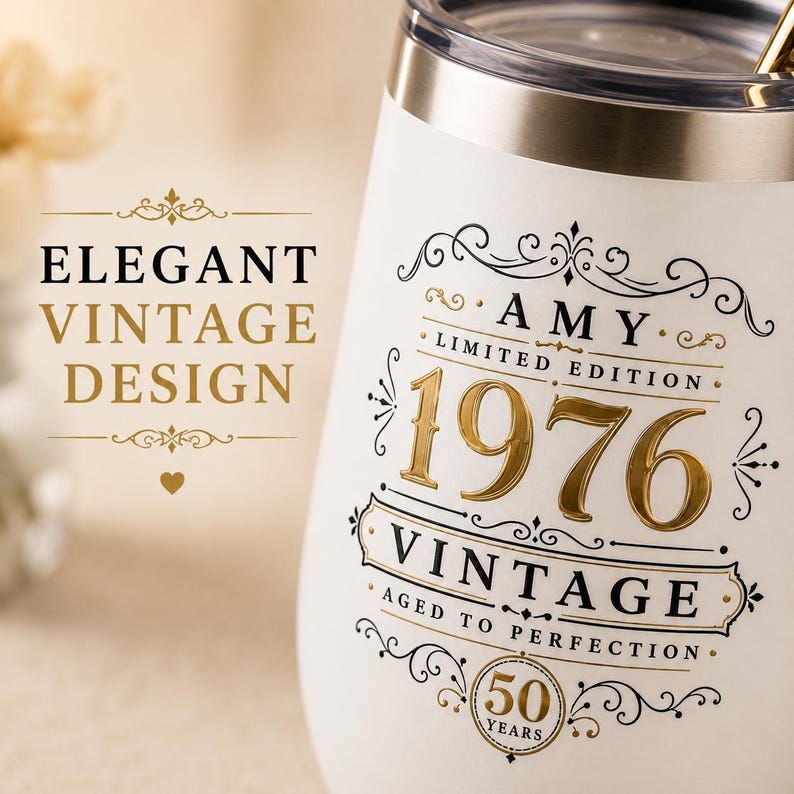 50th Birthday Gift Women Milestone Celebration Personalized Wine Tumbler Custom Aged To Perfection Vintage Design Engraved Name Birth Year Insulated Drinkware Cup Girls Trip Vacation Beverage Holder Commemorative Turning Fifty Present