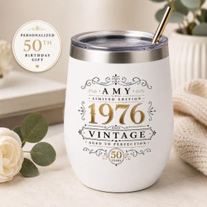 Personalized Wine Tumbler Custom Birthday Gift Women 50th Milestone Celebration Cup Engraved Name Birth Year Aged To Perfection Vintage Design Insulated Beverage Holder Girls Trip Vacation Drinkware Commemorative Turning Fifty Party Present
