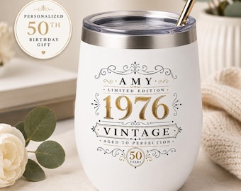 Vaso de vino personalizado para el 50 cumpleaños, regalo de cumpleaños personalizado para mujeres, copa vintage añejada a la perfección, regalo para celebrar el hito del 50 cumpleaños para ella.