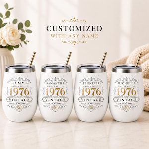 Milestone Birthday Celebration Cup Custom Personalized Wine Tumbler 50th Gift Women Vintage Aged To Perfection Design Engraved Name Birth Year Insulated Drinkware Holder Girls Trip Vacation Beverage Cup Commemorative Turning Fifty Present