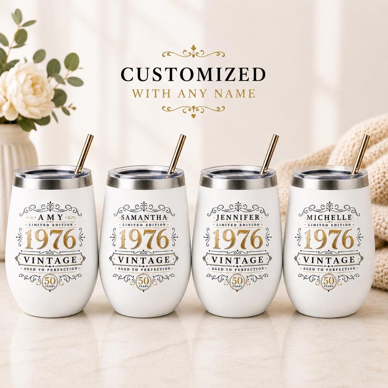 Milestone Birthday Celebration Cup Custom Personalized Wine Tumbler 50th Gift Women Vintage Aged To Perfection Design Engraved Name Birth Year Insulated Drinkware Holder Girls Trip Vacation Beverage Cup Commemorative Turning Fifty Present