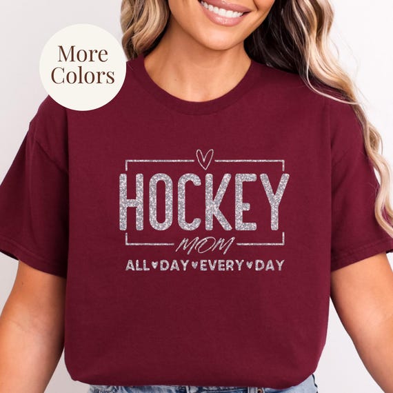 Hockey Mom Shirt Glitter Vinyl Graphic Tee Cotton Material Comfortable Wear Rink Side Ice Hockey Goalie Mom Gift Idea Game Day Practice