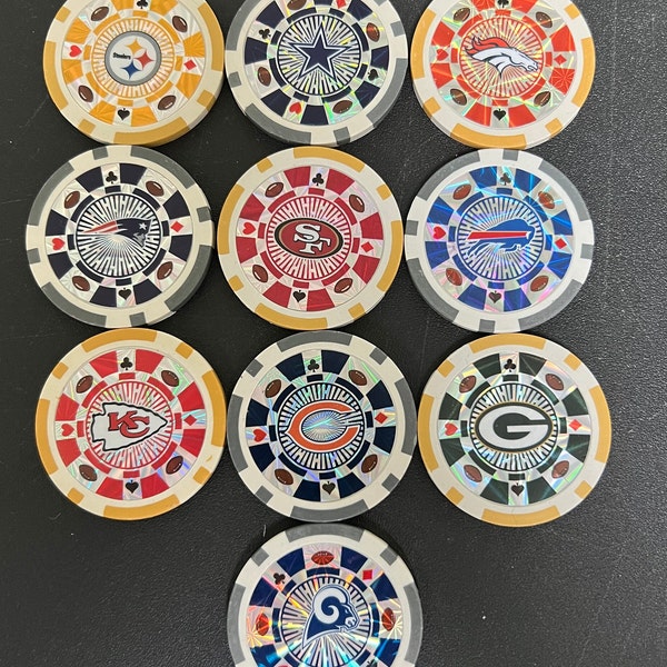 Free Shipping -- Lot of 10 NFL poker chips - Brand new, never played with before. Great for displays, projects, bar tops, so many options.