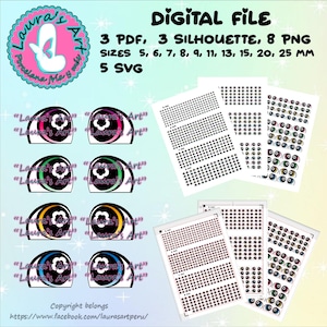 Puede incluir: Descarga de archivo digital de 8 imágenes PNG de ojos coloridos en varios tamaños, 5 archivos SVG y 3 archivos PDF. Las imágenes son para proyectos de manualidades y scrapbooking. El texto en la imagen dice "ARCHIVO DIGITAL 3 PDF, 3 SILHOUETTE, 8 PNG TAMAÑOS 5, 6, 7, 8, 9, 11, 13, 15, 20, 25 MM 5 SVG"
