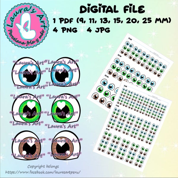 OJOS IMPRIMIBLES, Archivos digitales png, jpg y pdf con 6 tamaños (9, 11, 13, 15, 20 y 25 mm) para tus manualidades.