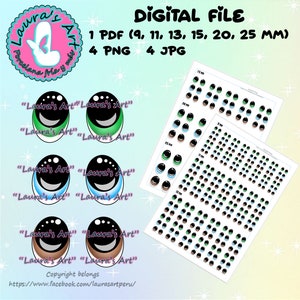 OJOS IMPRIMIBLES, Archivos digitales png, jpg y pdf con 6 tamaños (9, 11, 13, 15, 20 y 25 mm) para tus manualidades.