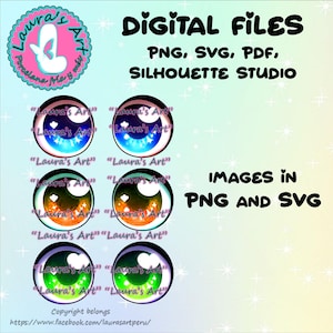 Puede incluir: Seis diseños de ojos digitales coloridos con un corazón blanco y estrellas. El texto "Laura's Art" se repite en cada diseño de ojo. El texto "DIGITAL FILES PNG, SVG, PDF, SILHOUETTE STUDIO IMAGES IN PNG AND SVG" está en la parte superior de la imagen. El texto "Copyright belongs https://www.facebook.com/laurasartperu/" está en la parte inferior de la imagen.