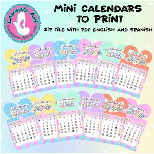 May include: A collection of mini 2026 calendars to print, featuring a heart-shaped top with the word "Calendar" and the year. Each calendar displays the month of January with dates. The design includes pastel colors.