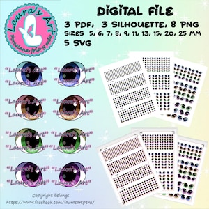 May include: A digital file download of 3 PDF, 3 silhouette, 8 PNG and 5 SVG files of colorful cartoon eyes in various sizes ranging from 5 to 25 millimeters. The eyes are in different colors, including blue, brown, green, and purple.