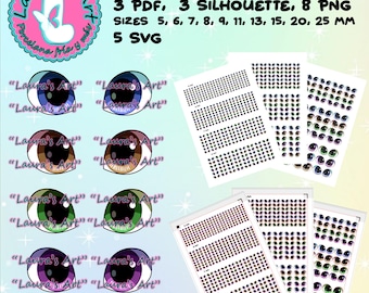 PRINTABLE EYES: Digital ZIP file with Svg, Png, Silhouette Studio and Pdf files with 10 sizes (5, 6, 7, 8, 9, 11, 13, 15, 20 and 25 mm).