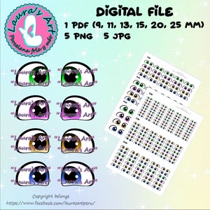 PRINTABLE EYES, png, jpg and pdf digital files with 6 sizes (9, 11, 13, 15, 20 and 25 mm) for your crafts.