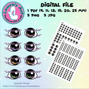 PRINTABLE EYES, png, jpg and pdf digital files with 6 sizes (9, 11, 13, 15, 20 and 25 mm) for your crafts.