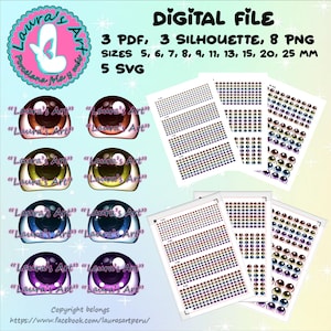 May include: A digital file download of 3 PDF, 3 silhouette, 8 PNG and 5 SVG files of colorful cartoon eyes in various sizes ranging from 5 to 25 mm. The image shows a preview of the eyes in different colors and sizes.