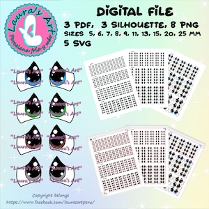 May include: A digital file set of 8 cartoon eyes in various colors and sizes. The eyes are in a white circle with a black outline. The file set includes 3 PDF, 3 silhouette, 8 PNG, and 5 SVG files. The sizes are 5, 6, 7, 8, 9, 11, 13, 15, 20, and 25 mm.