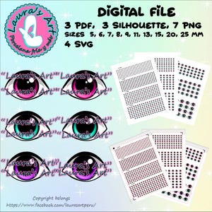 May include: Digital file download of 3 PDF, 3 silhouette, 7 PNG, and 4 SVG files of colorful cartoon eyes in various sizes ranging from 5 to 25 millimeters. The eyes are pink, purple, green, and blue with black pupils. The text "Laura's Art" is repeated throughout the image.