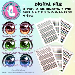 Puede incluir: Descarga de archivo digital de 3 archivos PDF, 3 siluetas, 7 PNG y 4 SVG de ojos de anime en varios colores. Los ojos están disponibles en 10 tamaños que van de 5 a 25 milímetros. La imagen muestra una muestra de los ojos en diferentes colores y tamaños.