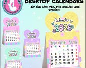 Printable MINI DESKTOP CALENDARS Heart 2026, 2 zip folder with pdf and png files, Spanish and English. 4 colors. A4 format.